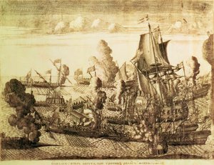 Taistelu Gangutin niemellä (Hanko) 25. heinäkuuta 1714, 1715 (etsaus kaiverruksella)
